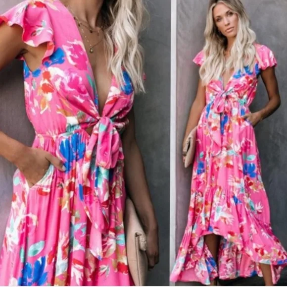 vici dolls pink dress Raise A Toast Satin Plisse Halter Maxi Dress Pink / XS